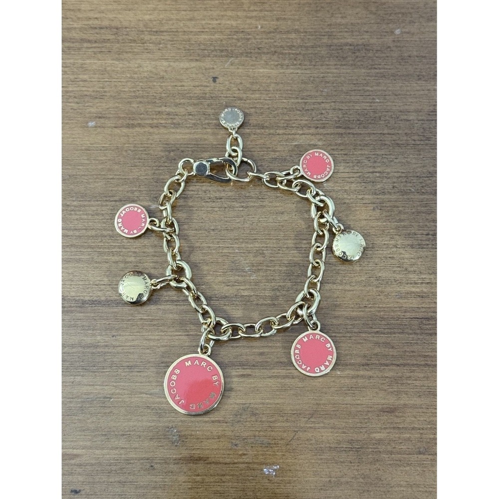 Marc By Marc Jacobs Bracelet Pink Red‎ Gold Tone Enamel Bangle Bolt Charm Link